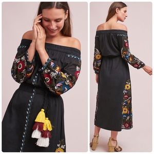 Anthropologie MISA Seine Off-the-Shoulder Floral Embroidered Midi Poplin Dress